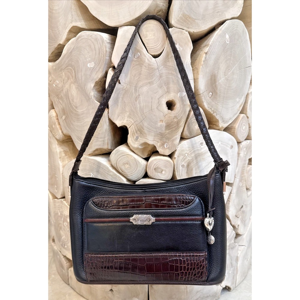 Brighton Black Brown Crocodile Embossed Leather Shoulder Bag built in Organizer